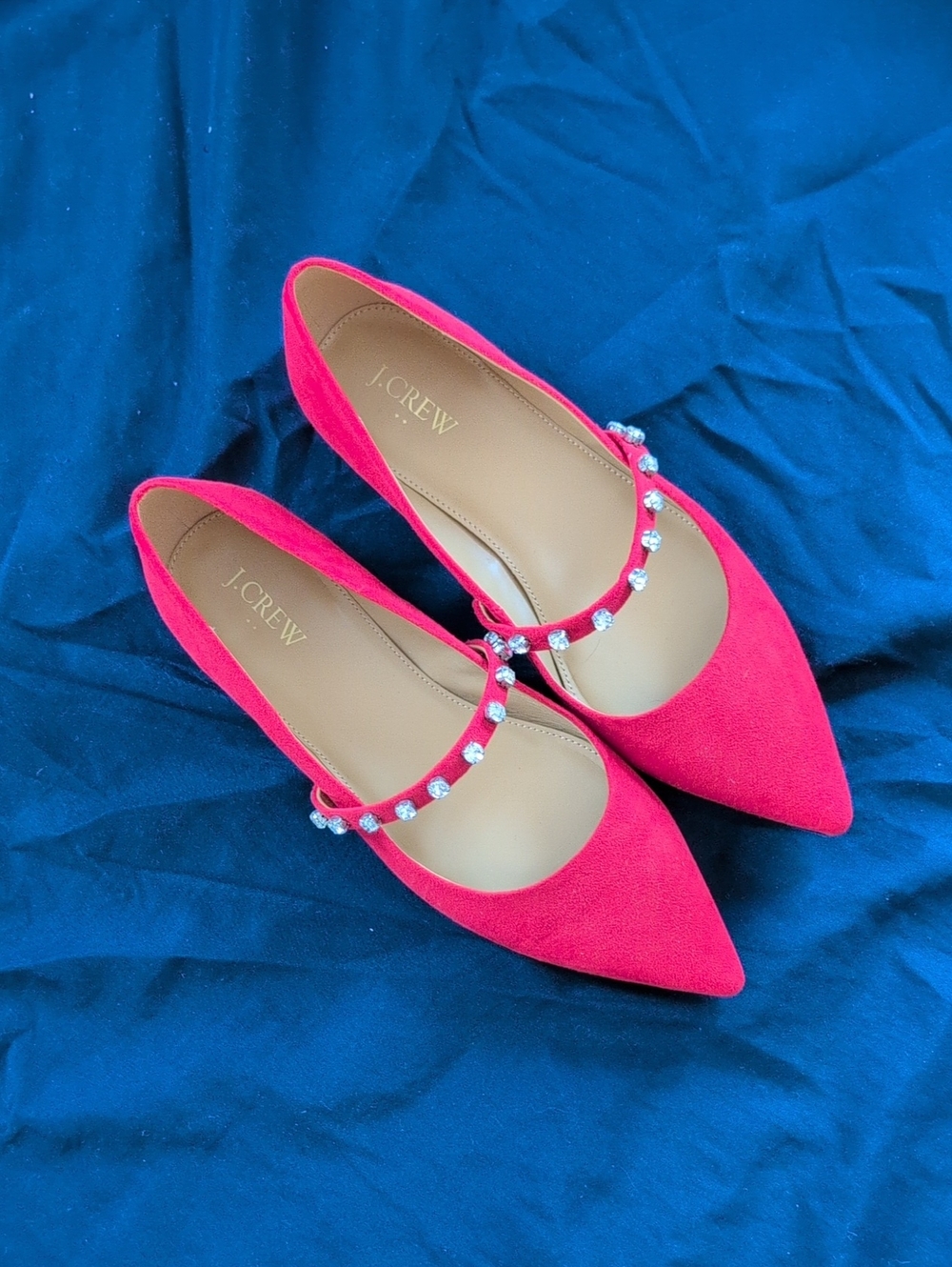 J. Crew Fire Red Pointed Toe Mary Jane Flats with Crystal Strap